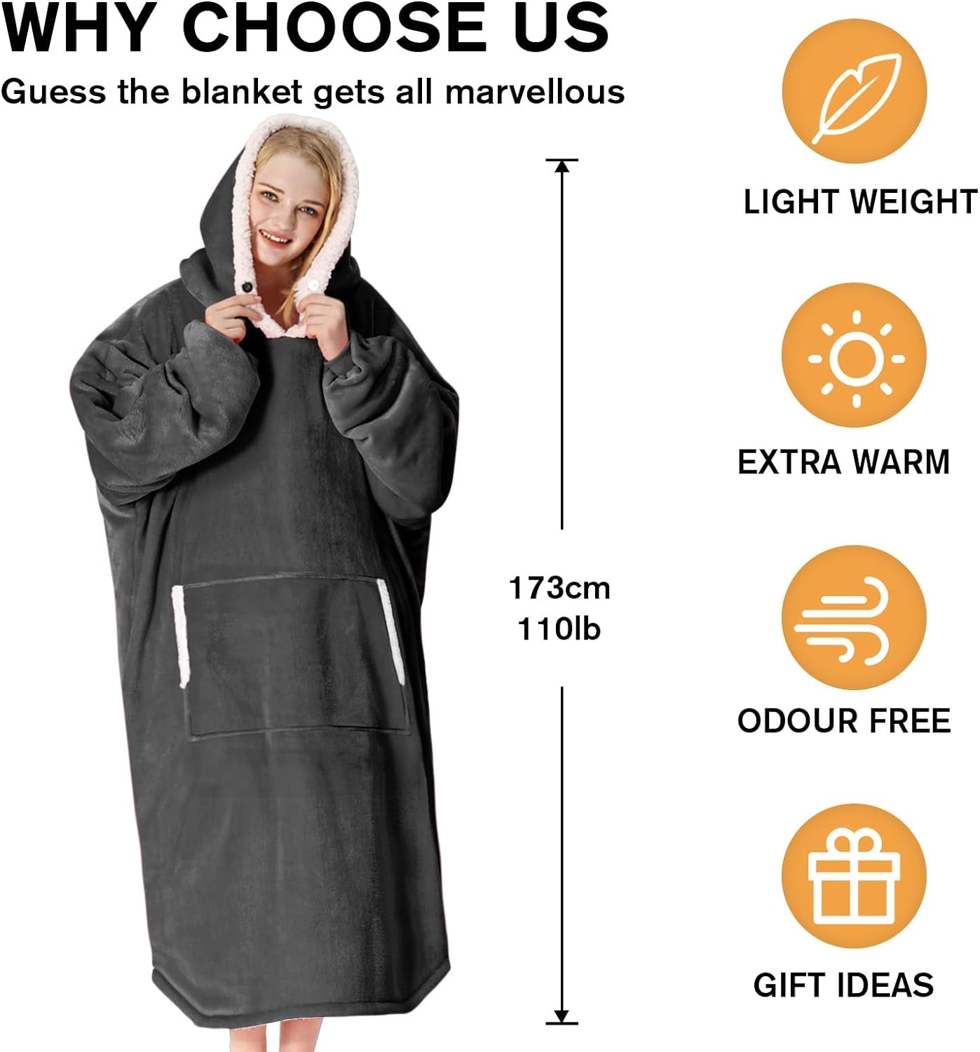 Wearable Blanket Hoodie - Birthday Christmas Gifts for Women Mom Girlfriend, Oversized Flannel Sherpa Cozy Hooded Blanket Sweatshirt Adult with Hood Pocket & Sleeves, One Size Fits All (Grey)